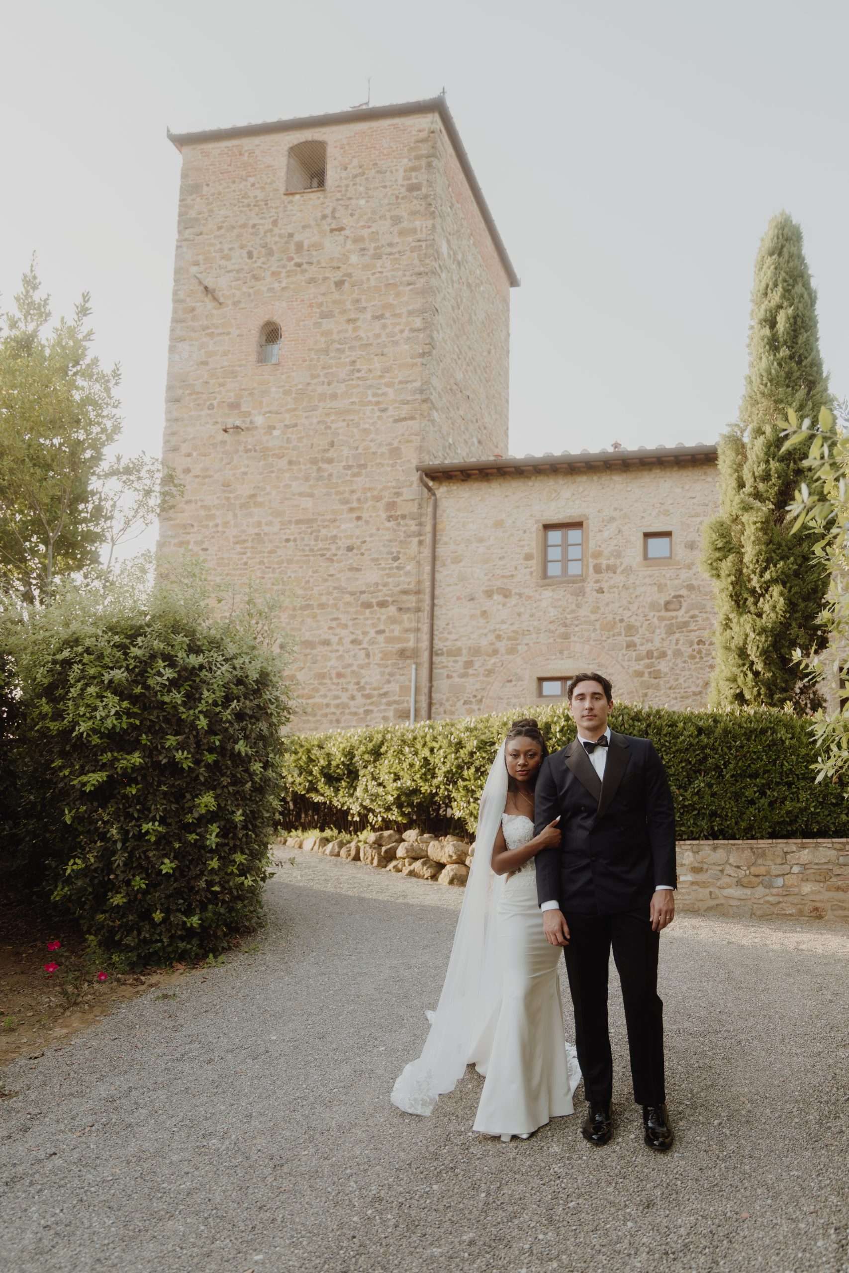 Black bride and white groom at Tuscany wedding venue Italy