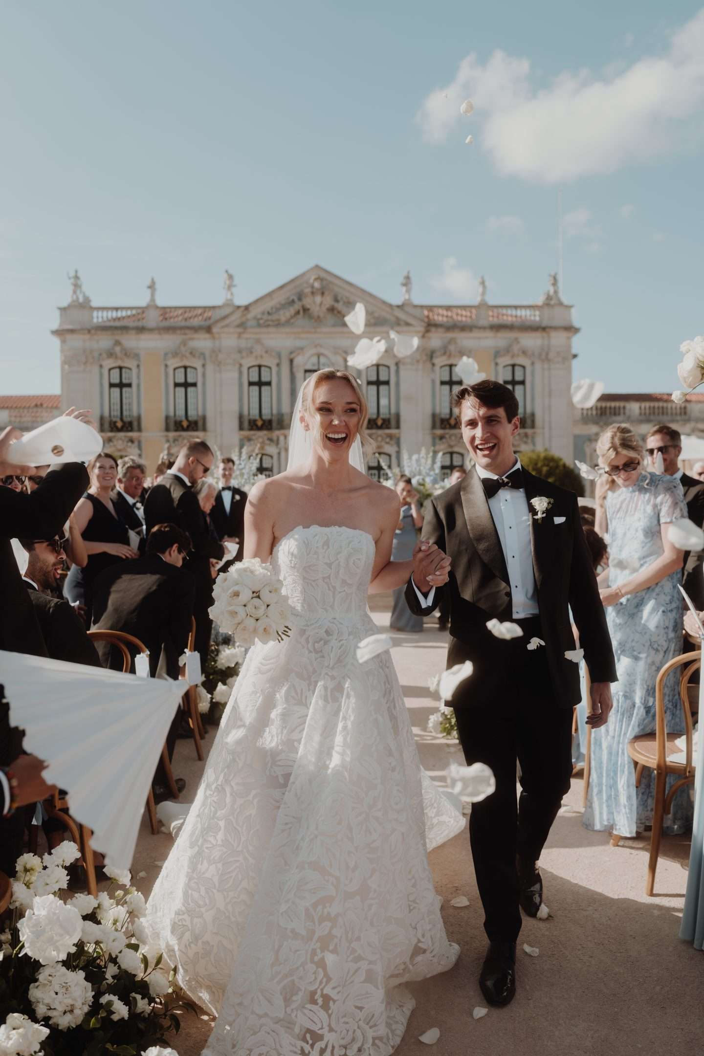Bride and groom at Queluz Palace gardens Portugal